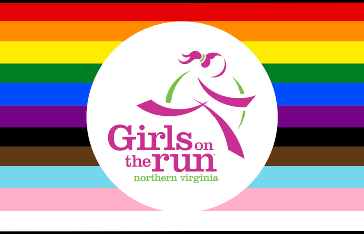 Girls on the Run of Northern Virignia logo with the Pride flag colors behind it.
